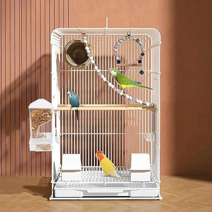 No Mess Automatic Bird Feeder for Cage, with Perch Acrylic Transparent No Spill Birds Feeder Bird Cage Accessories for Parakeets Lovebirds Canary Cockatiel Finch（White）