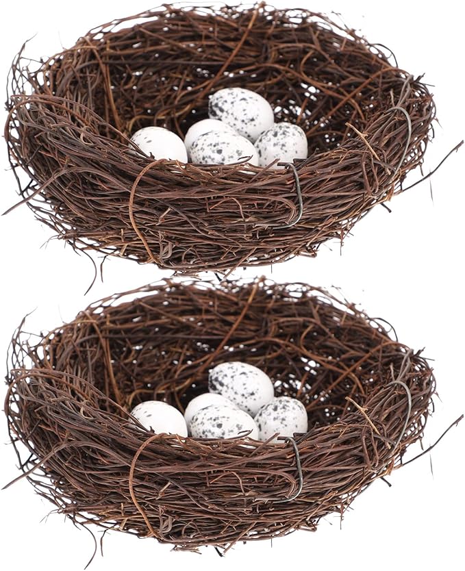 Toddmomy Artificial Bird Nest with Eggs for Easter Decor, 15cm Hand-Woven Rattan Birds Nests for Crafts, Natural Looking Faux Birdhouse Figurine for Outdoor Garden Party Tabletop Ornament