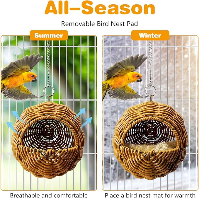 Rattan Birds Nest for Cage Hanging Parakeet House Chewproof Parrot Breeding Bed Small Budgies Hideout Swing Hut Bird Cage Accessories for Lovebirds Cockatiel Conure Finch Canary (Brown)