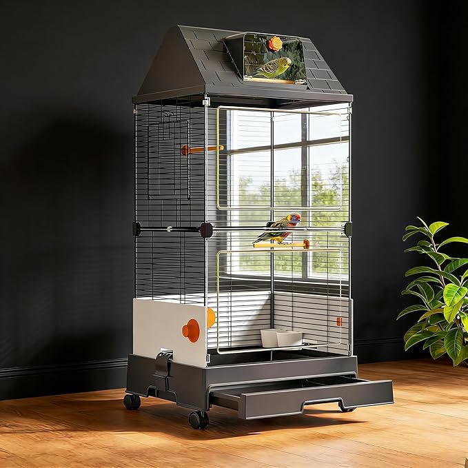 Oneluck Modern Bird Cage with Panoramic View, 38.5" H Bird Aviary for Small to Medium Birds,Birdcage with Easy Clean Tray for Parakeet,Cockatiel,Budgie,Parakeet,Canary,Finch,Quail,Lovebird,Conure