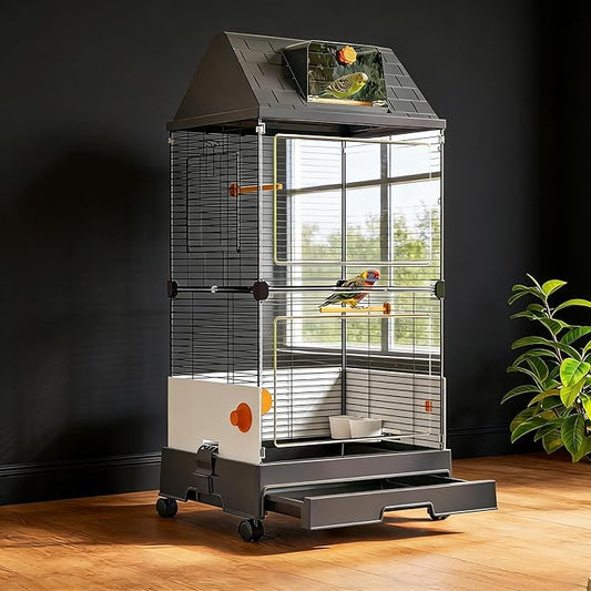 Oneluck Modern Bird Cage with Panoramic View, 38.5" H Bird Aviary for Small to Medium Birds,Birdcage with Easy Clean Tray for Parakeet,Cockatiel,Budgie,Parakeet,Canary,Finch,Quail,Lovebird,Conure