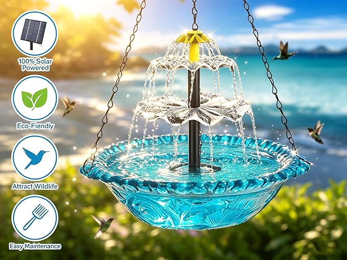 2026 Smart Birdbath Fountains Solar Power, Solar Cascade Hanging Birdbath Fountain,Clear Hummingbird Birdbath with Solar Powered for Outdoor Livng Garden Patio Backyard