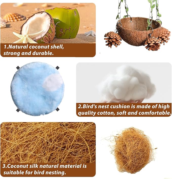 PINVNBY Natural Coconut Shell Bird Nest for Cage Coconut Fiber with Warm Pad Coconut Hide Bird Swing Toys for Bird Conure, Budgie, Cockatiel, Lovebird, Sugar Glider, Canary, Hamster