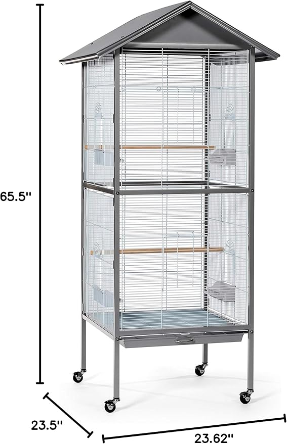 Prevue Pet Products Aviary Large Flight Cage - Powder‑Coated Standing Metal Bird Cage with Wheels, Perches, Feeders & Removable Tray, Ideal for Parakeets, Cockatiels, Canaries & Small Birds - Grey