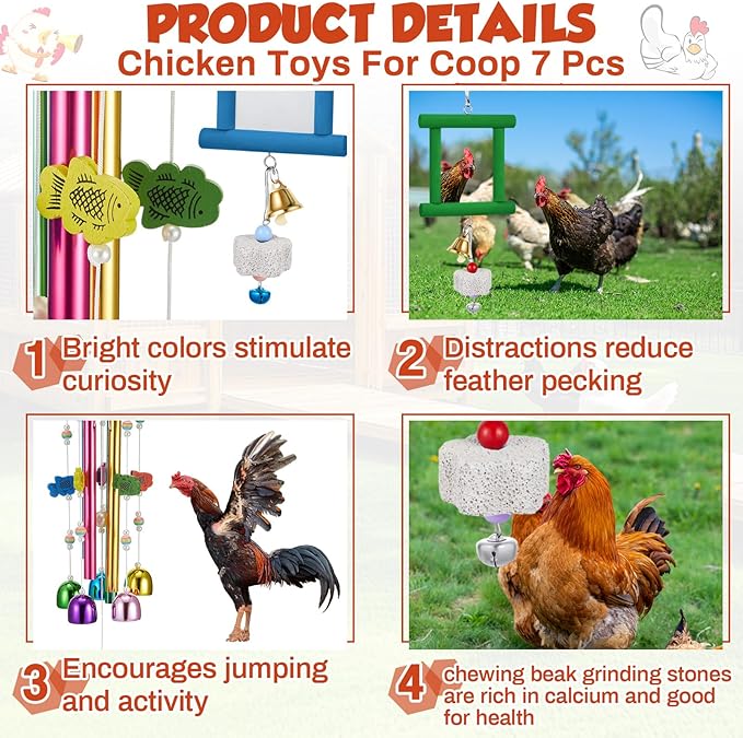VioraWhite 7 Pcs Chicken Toys, Hanging Chicken Wind Chime, 2 Pcs Coop Mirror Toys with Bells 4 Pack Beak Grinding Stones, Musical Coop Accessories for Hen Rooster Chick Poultry Birds(Green, Blue)