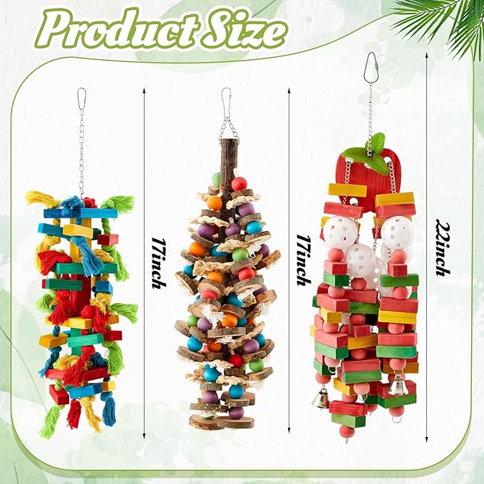 Seenelling 3 Pcs Extra Large Bird Parrot Toy Multicolored Natural Wooden Parrot Cage Chewing Toys for Large Medium Macaws Cockatoos African Grey Birds (Block and Ball)