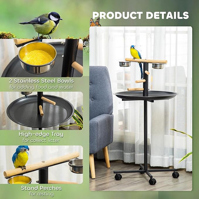 PawHut Bird Play Stand, Portable Parrot Perch, Bird Feeder Station, with Four Wheels, Stainless Steel Feeding Bowls, Round Tray, Grey