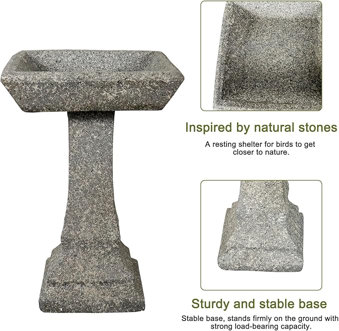 SKYFIRE 22.8" Tall Square Bird Bath, Concrete Freestanding Pedestal Birdbath, Modern Granite-Look Outdoor Bird Bath Bowl for Garden, Patio, Yard & Lawn Decor - 15" Dia. x 22.8" H