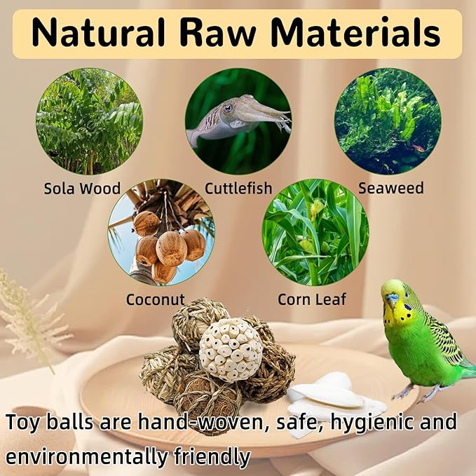 18PCS Bird Toys Sola Balls 2.36IN Parakeet Toys Natural 2.76IN Chew Grass Balls with Cuttlebone for Parrots Conures Rabbits Hamster Guinea Pig Chinchilla(Style 2)