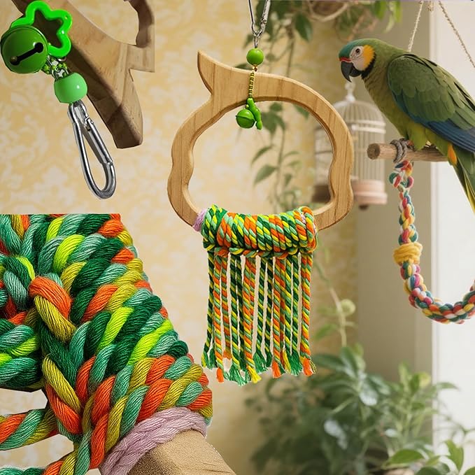 Bird Swing for Conures – Extra Strong Natural Wood and Rope Hanging Toy for Medium-Sized and Small Birds,Cage Perch Accessory for Parakeets,Cockatoos,Parakeets,African Greys,Budgerigar,Lovebird