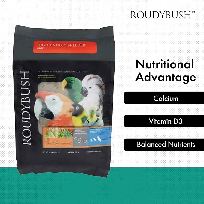 Roudybush High Energy Breeder Food for Breeding & Weaning Birds - Scientifically Formulated Bird Feed - Bird Food Pellets w/ Corn, Wheat, Soy - Nutritious & Healthy Feed for Birds (Nibles, 25lb)
