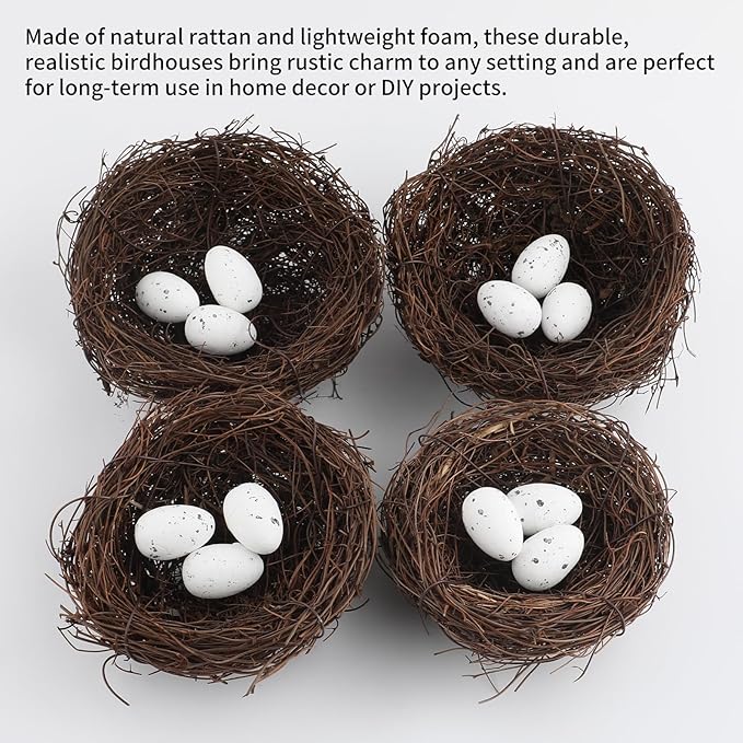 16 Pcs Artificial Bird Nests with Eggs for Crafts,Handmade Natura Rattan Birds Nest for Easter, Wedding, Home, Party, and Christmas Tree Decorations(2Pcs 4.7in 2Pcs 3.9in Nest 12pcs Eggs)