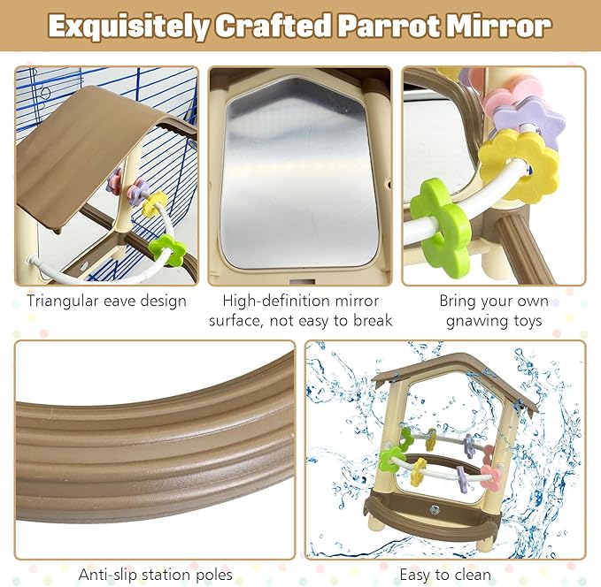 kathson Bird Mirror with Plastic Perch and 5PCS Colorful Rattan Balls Parakeet Hanging Swing with Mirror Interactive Toy Bird Cage Accessories for Cockatiel Parrot Conures Cockatoo Finch(Brown)