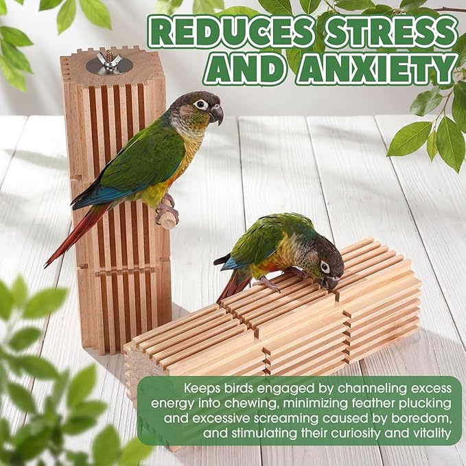 CroBlissful 2 Pcs Wooden Parrot Chew Toys Natural Wooden Bird Foraging Toy Chew Accessories Relieve Boredom and Anxiety, Foraging Toys, for Parakeet, Cockatiel, Conure, Budgie, Lovebird (L)
