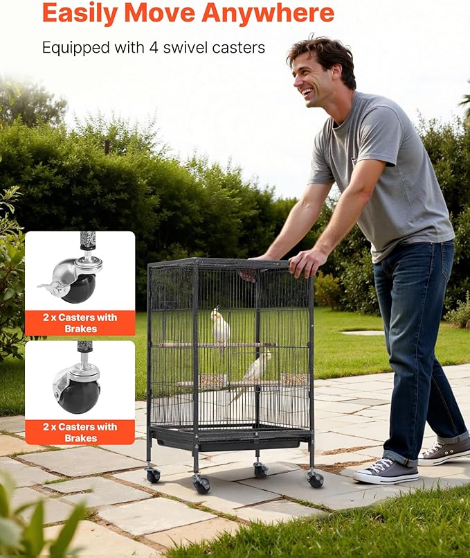VEVOR Bird Cage, 18 x 18 x 30 inch, Open Flat Top, Wrought Iron Bird Flight Cage with Perches, Slide-Out Tray and Plastic Feeders, Casters, for Parrot, Blue Tit, Cockatiel, Canary, Budgerigar, Conure