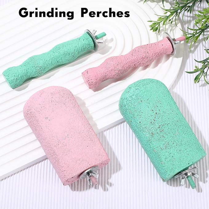 Soulchen 4 Pcs Bird Beak Grinding Calcium Stone Perches Large 4.8 Inch Parrot Teeth Mouth Molar Cage Platform Paw Grinding Sticks Jumping Stand for Macaws Parakeets Finches Cockatiel(Green,Pink)