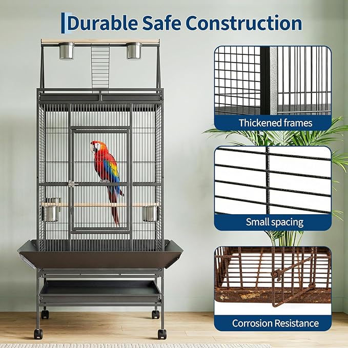 GarveeHome 69" H Bird Cage, Metal Birdcage with Play Top, Rolling Stands, Feed Bowls, Wide Tall Parakeet Cage for Parrots, Conures, Cockatiel, Cockatoo, Black