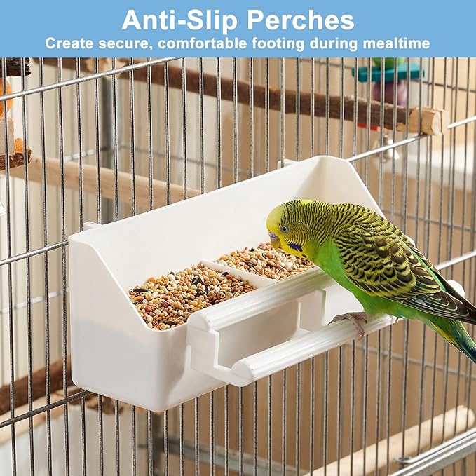 Grevosea Bird Feeder for Cage, 2 Pack No Mess Bird Feeders Plastic Hanging Parakeet Feeder with Hooks for Small Parrots Budgerigar Cockatiel Canary Parakeet Cage Accessories (White)
