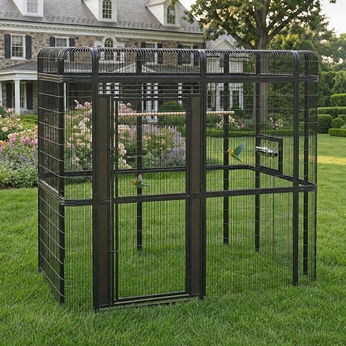 Outdoor Large Walk-in Cage 87-inch Heavy Duty Bird Cage Carbon Crystal Board Aviary Parrot Cage Wide Flight Metal Birdcage for Macaw Budgie Conure Lovebird Parakeet Cockatiel, 7.22x5.25x6.8ft, Black