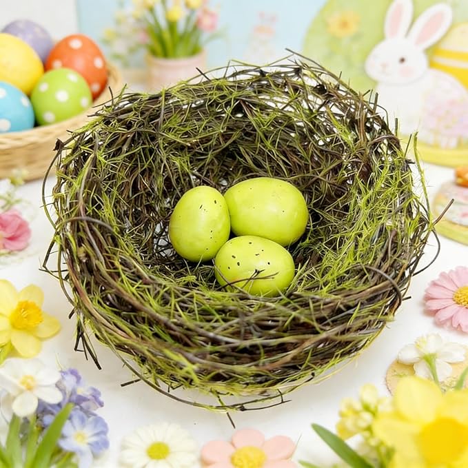 Small Faux Bird Nest with Eggs, Artificial Birds Nest with Eggs Artificial Rattan Nest for Crafts, Spring/Easter Centerpiece Home Party Easter Decoration