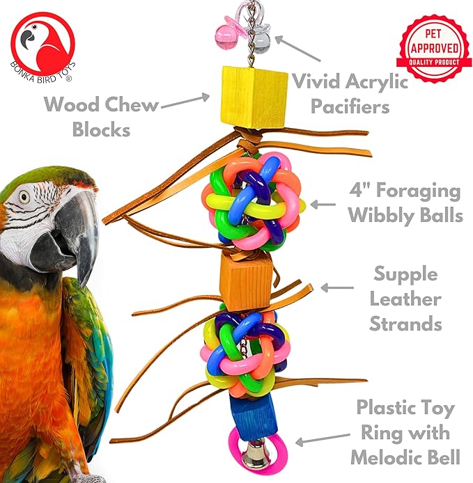 Bonka Bird Toys 1949 Queen Wibbly 16" Tall Multi-Texture Foraging Toy with Wibbly Balls Acrylic Leather Wood for Large Parrots Macaws Cockatoos Amazons