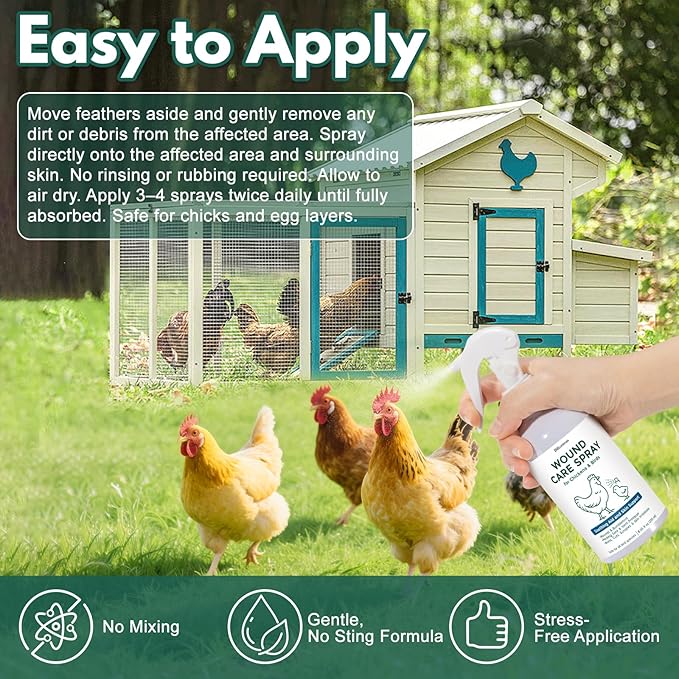 Wound Spray for Chickens and Birds, Poultry Care Spray for Pecking Sores, Bumblefoot, Vent Prolapse, Cuts, Burns & Skin Irritations, Safe for Egg-Laying Hens, Natural Herbal Formula, 8.45 Fl Oz