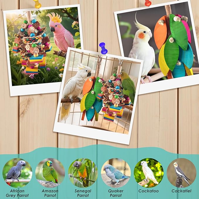 DBNESS 2 Pcs Large Bird Toys, Natural Corn Cob Parrot Chew Toy, Multicolored Leaf-Shaped Chewing Wood Blocks for Large and Medium-Sized Macaws, Cockatoos, Amazon Parrots, African Grey