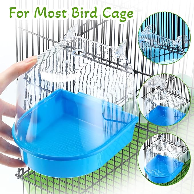 Honeydak 3 Pieces Clear Bird Bath for Cage Parakeet Bird Cage Accessories Hanging Bath Box Parrot Bathing Tub with Clear View for Cockatiel Conure Canary Budgies Parrots Blue Green White