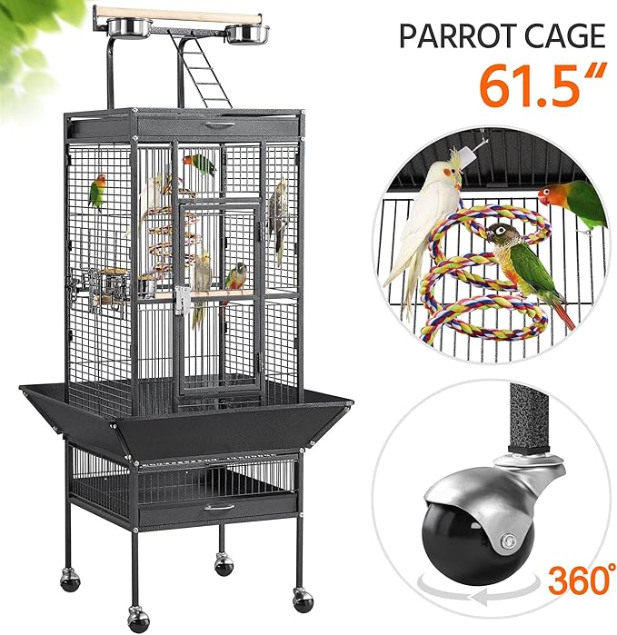 Topeakmart 61.5-inch Wrought Iron Selection Play Top Large Parrot Bird Cage, Black