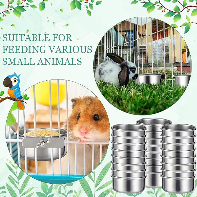 Ziliny 24 Pcs Stainless Steel Parrot Food Bowls Bulk 10 oz Bird Feeding Dish Cups for Cages Bird Bowls with Clamp Pet Water Feeders Cage Accessories for Parakeet Parrot Budgie Rabbit Chicken