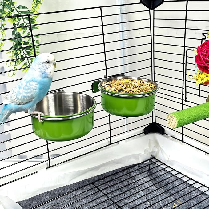 Kathson 3Pcs Stainless Steel Bird Bowls, Parakeet Food Dish Parrot Cage Feeder with Clamp Holder Small Bird Feeding Cup Pet Bird Feeder for Parakeet Cockatiels Conure Budgies Chinchilla Small Animal