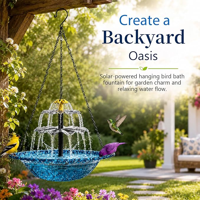 Hanging Bird Bath with Textured Bowl and Metal Chains, Solar Fountains with Cascade Flow for Outdoor Garden, Patio, and Yard Decor (Purple(XL))
