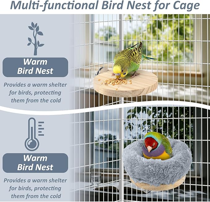 DBNESS Small Bird Nest for Cage, Removable Plush Parrot Hammock Warm Resting Perch Platform for Budgies Cockatiel Conure Parakeet Hamster Washable Breeding Sleeping Lay Eggs Nesting (Grey, S)