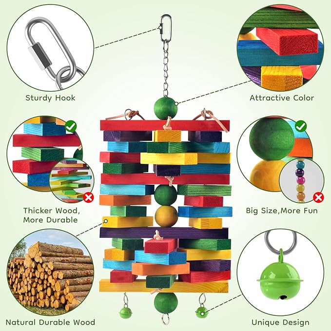 ERKOON Extra Large Bird Parrot Toys for Macaws, African Grey, Amazon Parrots Multicolored Natural Wooden Blocks Parrot Chewing Toy Bird Cage Bite Toy