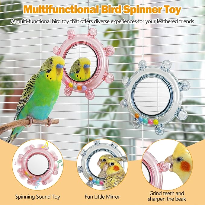 Hamiledyi Bird Rotating Toys with Mirror Interactive Spinner Rattle Parrot Toy Birds Chewing Toy Parakeet Cage Accessories for Entertainment Suitable for Conure Cockatiel Lovebird (Blue and Pink,2PCS)