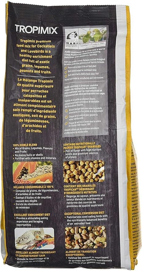 Hari Hagen Tropimix Enrichment Food for Cockatiels & Lovebirds, 2 lb. - HARI Parrot Food with Seeds, Fruit, Nuts, Vegetables, Grains, and Legumes