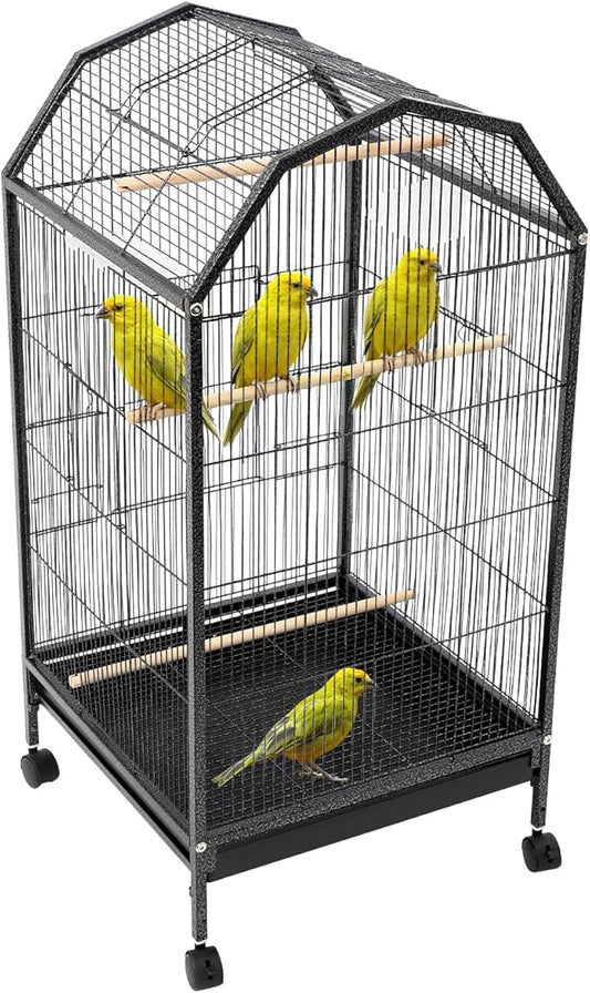 Large Bird Cage, Movable Pet Bird Flight Cages with 5 Doors Wheels, Panorama Bird Aviary Indoor with Stand 17.9x17.9x39.9in, Fit for a Canary, Finch, Cockatiels, Conures, Parrot, Lovebirds