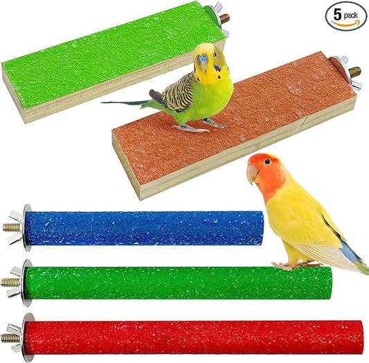 Hamiledyi 5 PCS Bird Perch Stand - Wooden Parrot Perch Stand with Colorful Sand Paw Grinding Stick Trim Beak Wood Platform for Bird Nail Trimming - Cage Accessories for Parakeets & Cockatiel