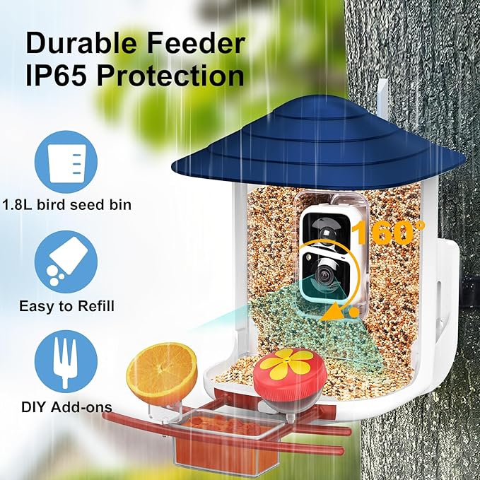 birdsnap® TUC Bird Feeder with Camera 2K HD Live with 32GB Card Auto Detect & Notify AI Identify Camera Birds Feeders Solar Powered Wireless Outdoors Backyard Gift for Mom Dad Birds Lover, 2.4G WiFi