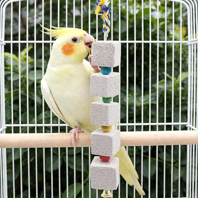 2 Pack Mineral Block Chew Toys with Colorful Beads and a Bell, Bird Beak Grinding Stone, Cage Accessories for African Grey, Budgies, Cockatiels, Small to Medium Birds