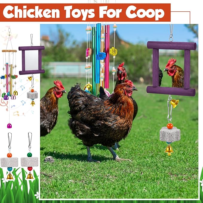 VioraWhite 7 Pcs Chicken Toys, Hanging Chicken Wind Chime, 2 Pcs Coop Mirror Toys with Bells 4 Pack Beak Grinding Stones, Musical Coop Accessories for Hen Rooster Chick Poultry Birds(Yellow, Purple)