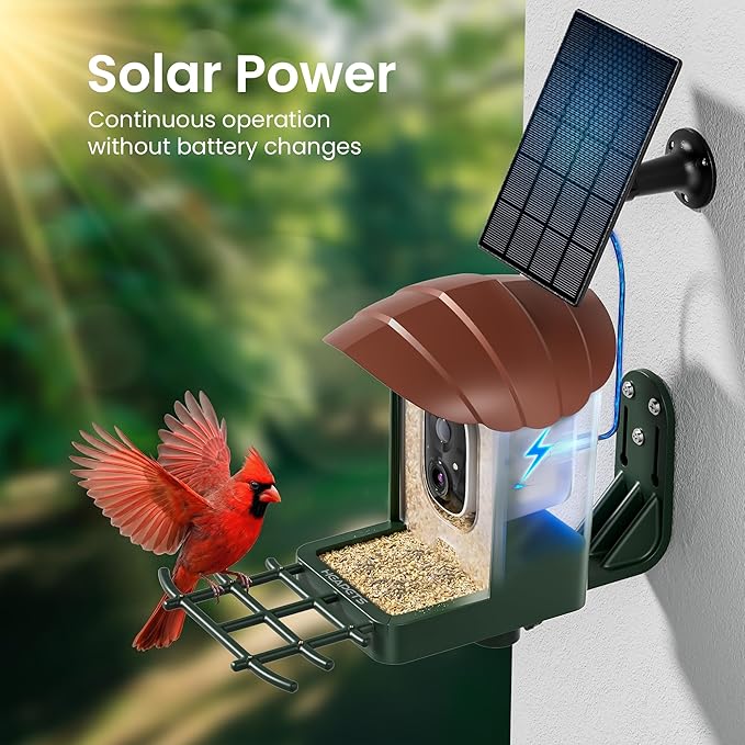 HEAPETS Bird Feeder with Camera Solar Powered, 3K HD Video, AI Bird Recognition, Auto Capture with Instant Notifications, IP65 Weatherproof, Gifts for Seniors Bird Watchers, Brown