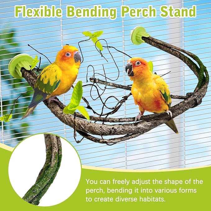 PINVNBY 2 PCS Bendable Bird Perches Simulation Branch Parrot Perch Stand with Green Leaf Hanging Paw Grinding Fork Cage Accessories for Parakeet Budgie Finch Cockatiel Conure (Medium)