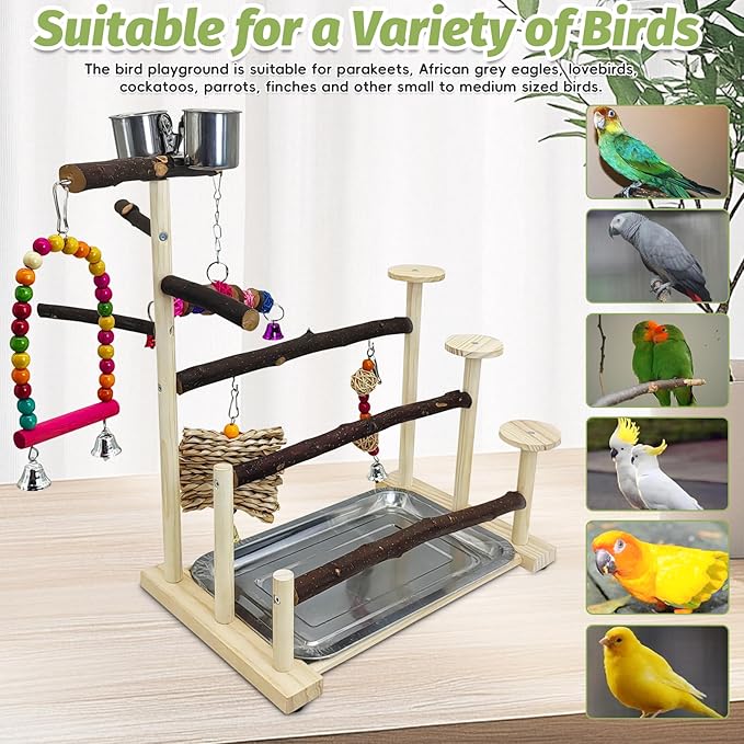 PINVNBY Bird Playground 9 PCS Parrot Perch Stand Play Gym Cockatiel Wood Bird Toys Birds Cage Accessories Playpen with Feeder Cups Hanging Swing Toys for Parakeet Conure Lovebird Cockatiel