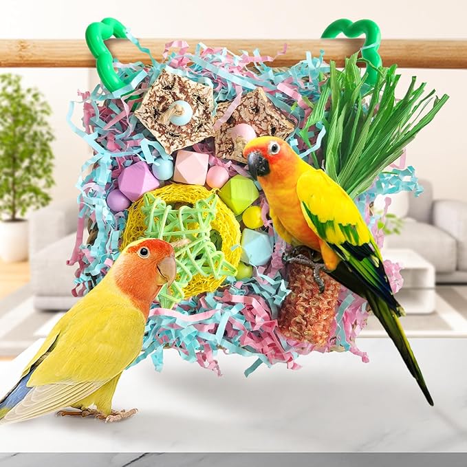 Parakeet Toys, Bird Toy Conure Grass Mat Budgie Shredder Hanging Set Cockatiel Foraging Toys Parrot Climbing Wall Toy Lovebird Cage Accessories for Small Birds