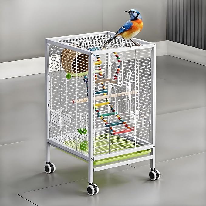 24-Inch Iron Bird Cage with Wheels, 61cm Height, Rolling Stand for Small Birds, Parakeets, Lovebirds, Canaries (White)