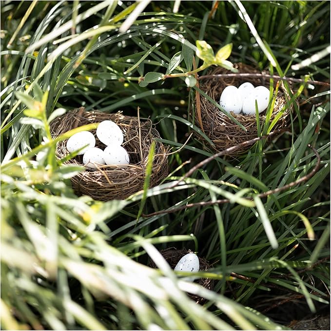 24PCS Small Faux Bird Nests with Eggs – Handmade Rattan Bird Nests for Easter, Weddings, Home Parties, and Christmas Tree Decorations – Includes Mixed Size Nests and Assorted Eggs