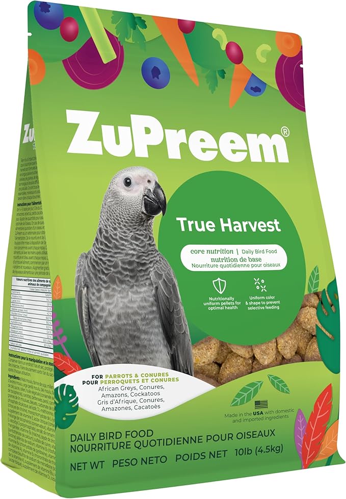 ZuPreem True Harvest Bird Pellets, Daily Bird Food for Parrot, Conure, Caique, African Grey, Eclectus, Small Cockatoo, Core Nutrition for Medium Large Birds, Added Vitamins, Parrot Food (ML, 10 lbs)