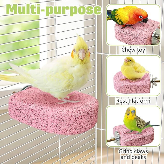 BNOSDM 4 Pcs Bird Beak Grinding Stone Chew Toy Parrot Calcium Perch Bird Stand Platform Parakeet Cage Accessories for Budgies, Cockatiels, Conures, Lovebirds, Finch (Pink)