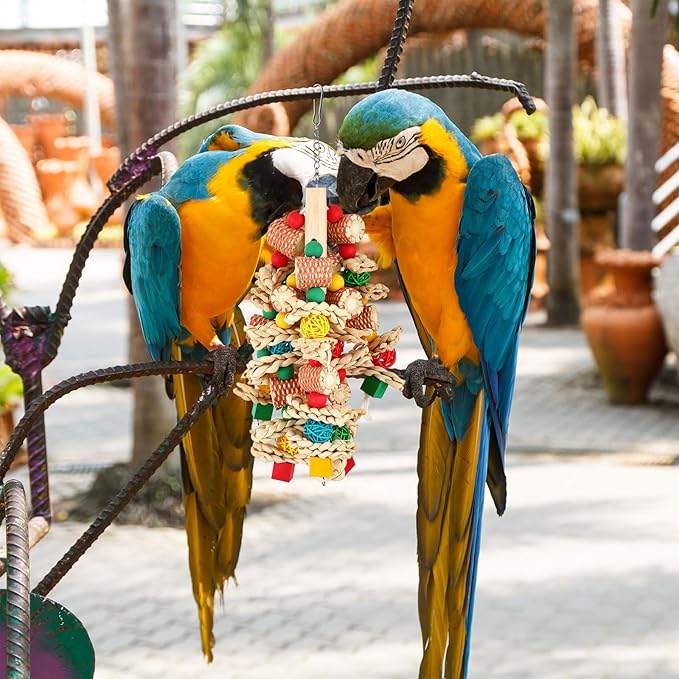 Soulchen 4 Pcs Extra Large Bird Parrot Toy Set Natural Wooden Chewing Toy, Rattan Ball, Wood Nut Loofah String (Bagged) for Large Macaws, African Grey, Amazon Parrots (Wooden Block)